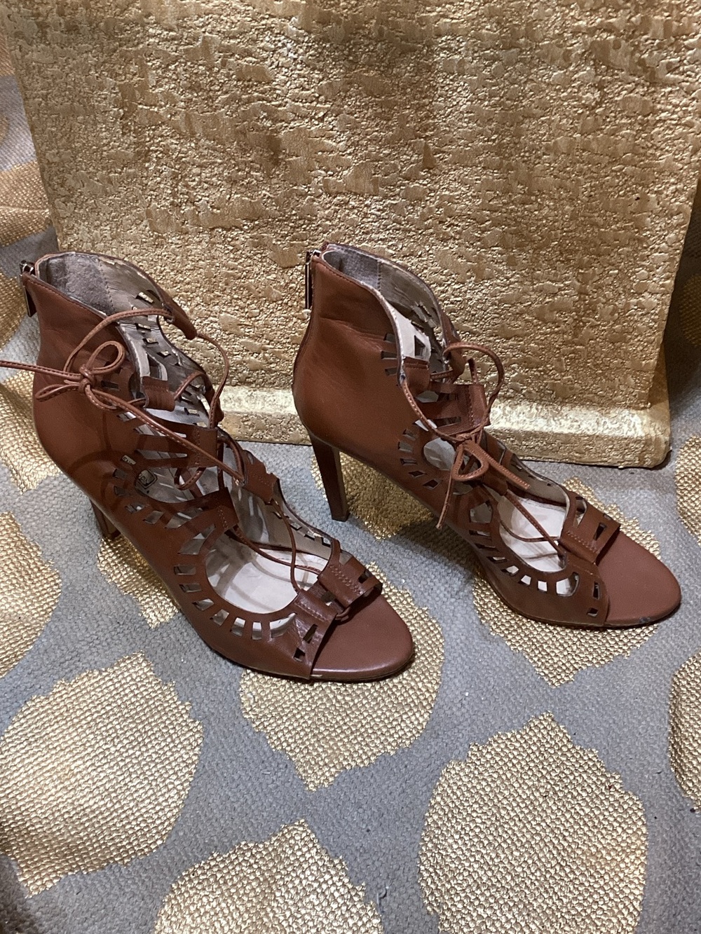 BCBG Brown Leather Lace-Up Cutout High Heel Sandals